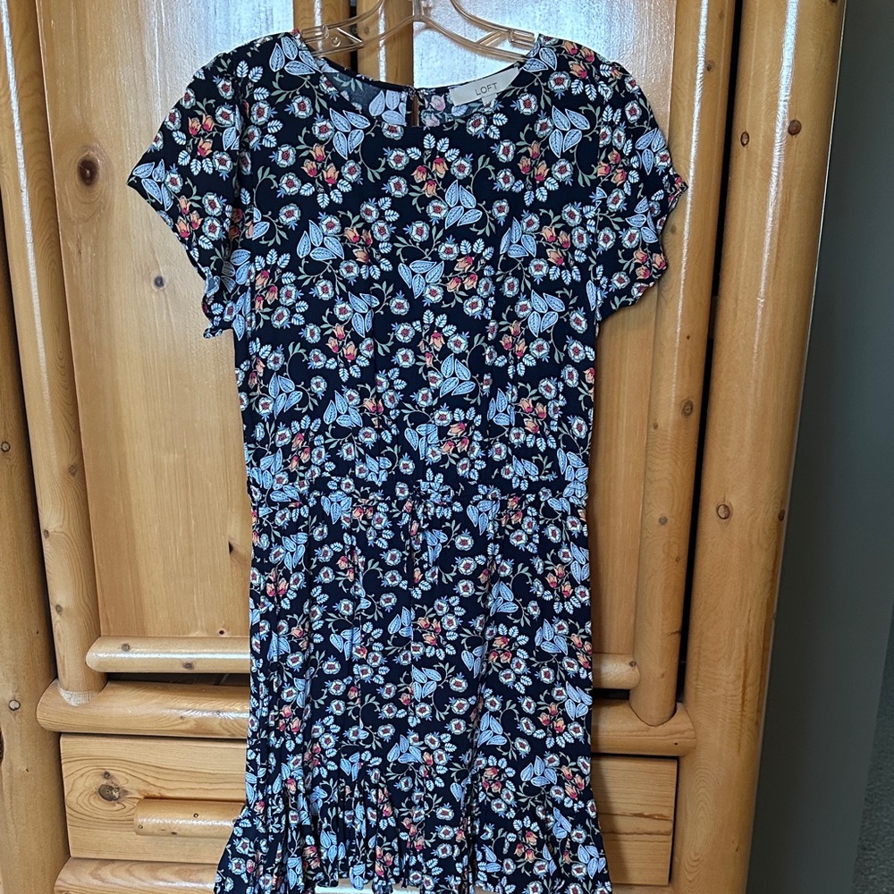 LOFT Black Dress with Pink and White Floral Pattern
